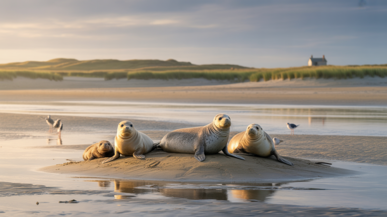Phoques se reposant sur un banc de sable au lever du soleil en Baie de Somme, dans un décor naturel et authentique.