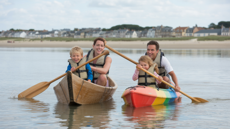 Famille en pirogue et kayak profitant d’une sortie nautique réaliste sur les eaux calmes du Crotoy avec le littoral authentique en arrière‑plan.