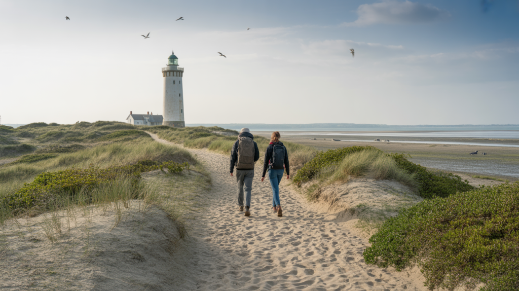 Sentier côtier naturel à la Pointe du Hourdel avec dunes, herbes sauvages, phare au loin et randonneurs marchant vers la baie.