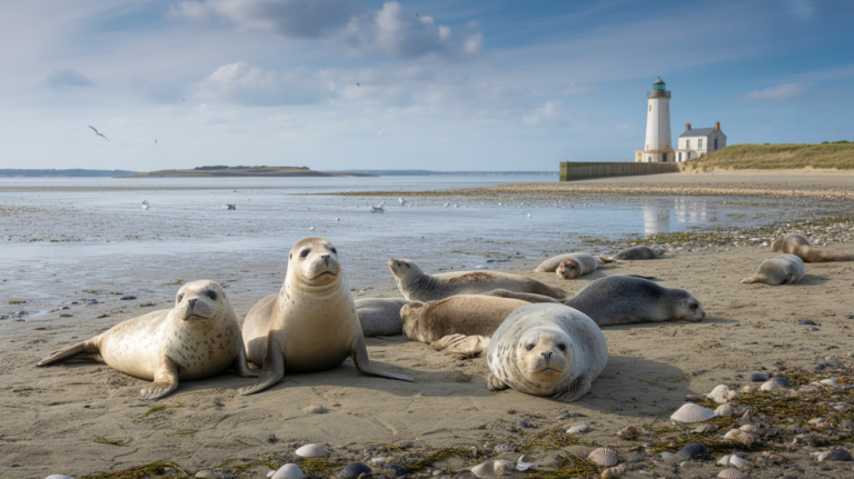Phoques se reposant sur un banc de sable devant le phare de la Pointe du Hourdel en Baie de Somme, dans une scène côtière naturelle et réaliste.