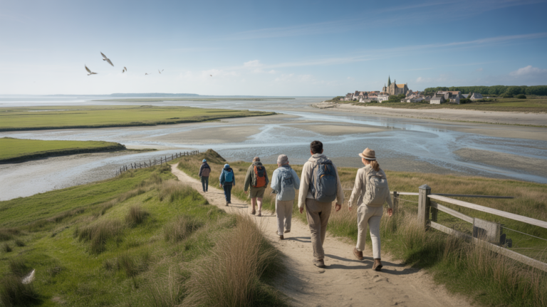 Randonnée réaliste dans la Baie de Somme avec des marcheurs longeant les prés salés et les dunes sous une lumière naturelle.