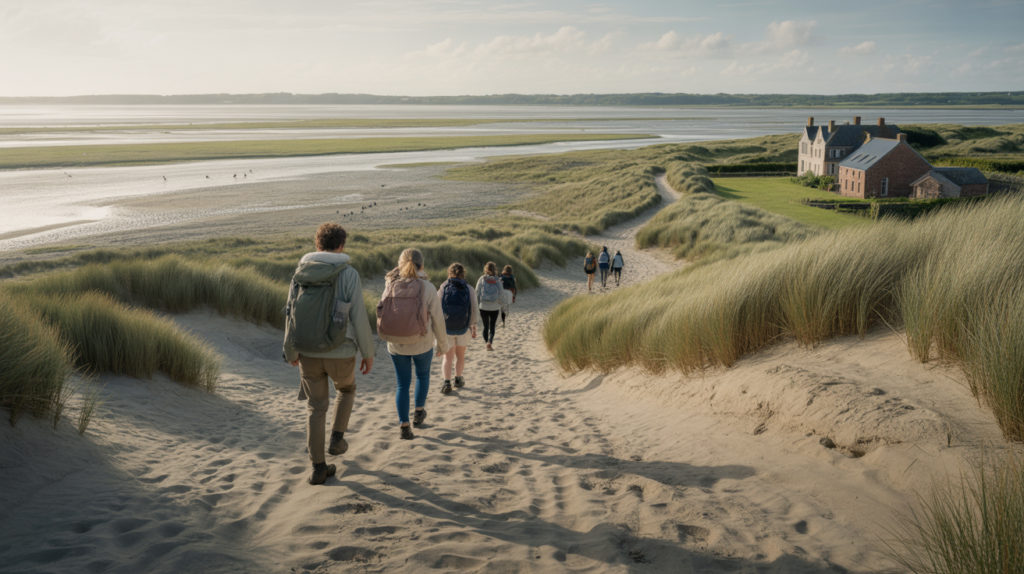 Randonneurs marchant dans la Baie de Somme sur un sentier naturel avec dunes, herbes hautes et une ferme picarde authentique en arrière‑plan.