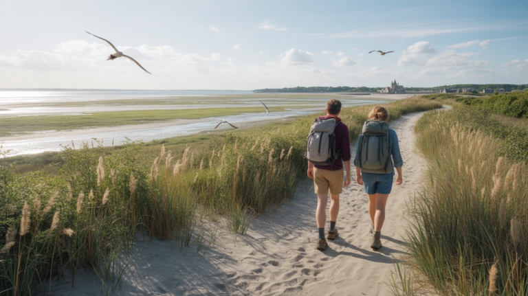 Randonnée réaliste en Baie de Somme avec deux marcheurs sur un sentier parmi les roseaux, vue naturelle sur les marais et la côte.