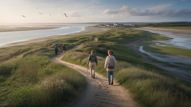 Paysage réaliste de la Baie de Somme au lever du soleil avec un sentier côtier, quelques randonneurs au loin et la baie scintillante.
