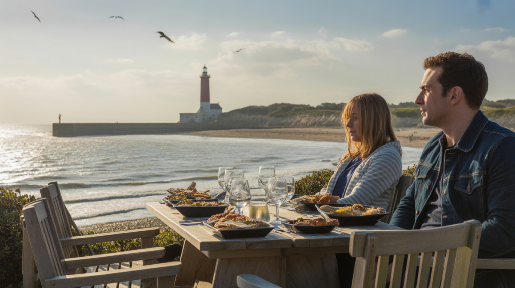 Terrasse d’un petit restaurant au Hourdel avec vue réaliste sur la Baie de Somme au coucher du soleil, ambiance authentique et chaleureuse.
