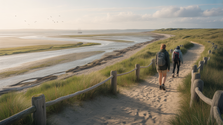 Sentier côtier naturel de la Baie de Somme au coucher du soleil, avec un chemin sinueux longeant les marais, des randonneurs réalistes et un paysage authentique.