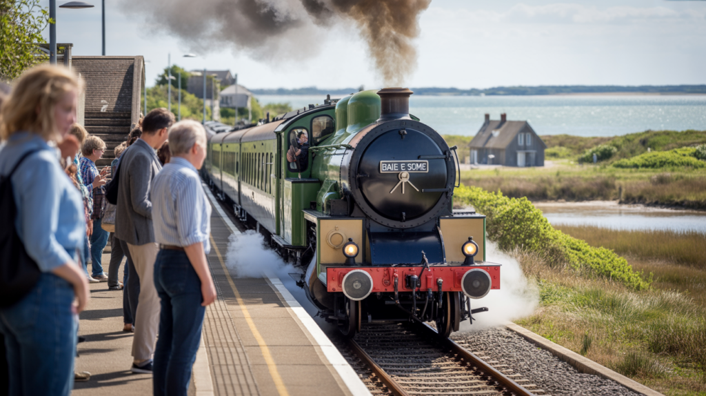Train historique de la Baie de Somme arrivant à une petite gare côtière, avec des voyageurs réalistes et un paysage naturel authentique.