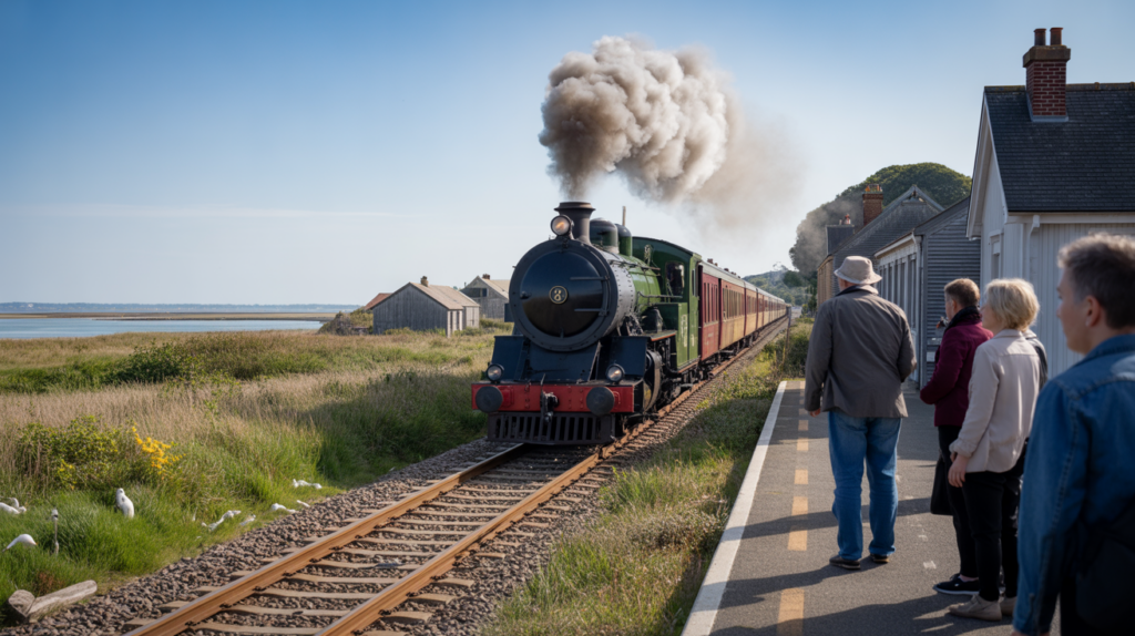 Photographie réaliste du train touristique de la Baie de Somme entre Le Crotoy et Saint‑Valery, traversant les marais avec des passagers et un paysage côtier authentique.