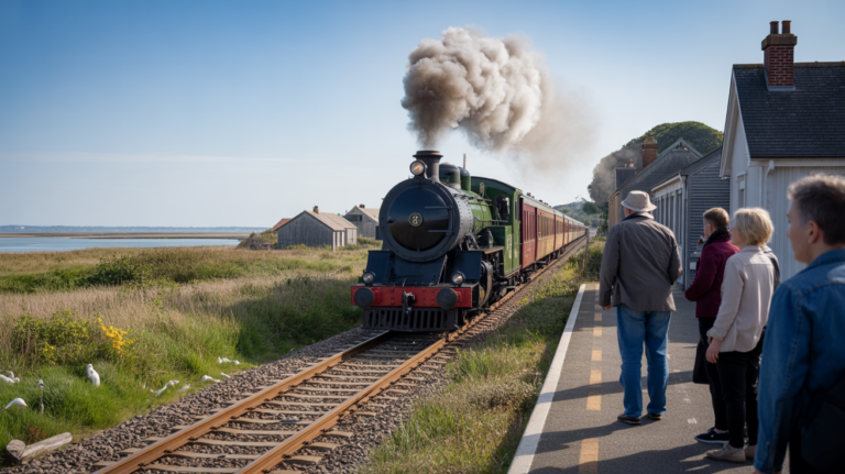 Photographie réaliste du train touristique de la Baie de Somme entre Le Crotoy et Saint‑Valery, traversant les marais avec des passagers et un paysage côtier authentique.
