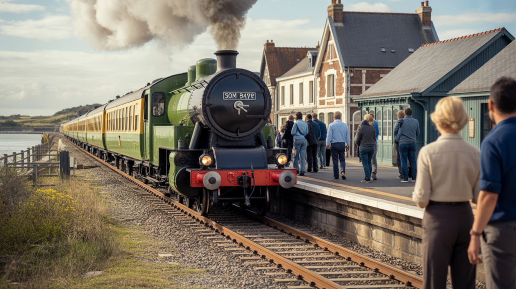 Train historique arrivant à la gare de Saint‑Valery‑sur‑Somme avec bâtiments réels, voyageurs naturels et ambiance authentique de la baie de Somme.