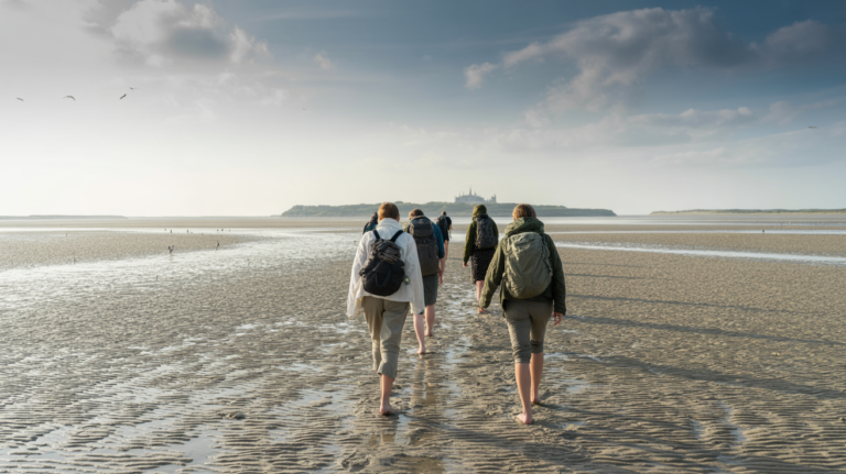 Randonneurs traversant la Baie de Somme à marée basse sur un sol sablonneux et humide, avec Le Crotoy visible à l’horizon et une lumière naturelle.