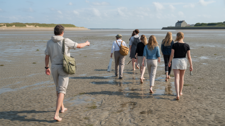 Groupe guidé traversant la baie de Somme à marée basse, accompagné d’un guide local, avec paysages réels de Saint‑Valery‑sur‑Somme et du Crotoy.