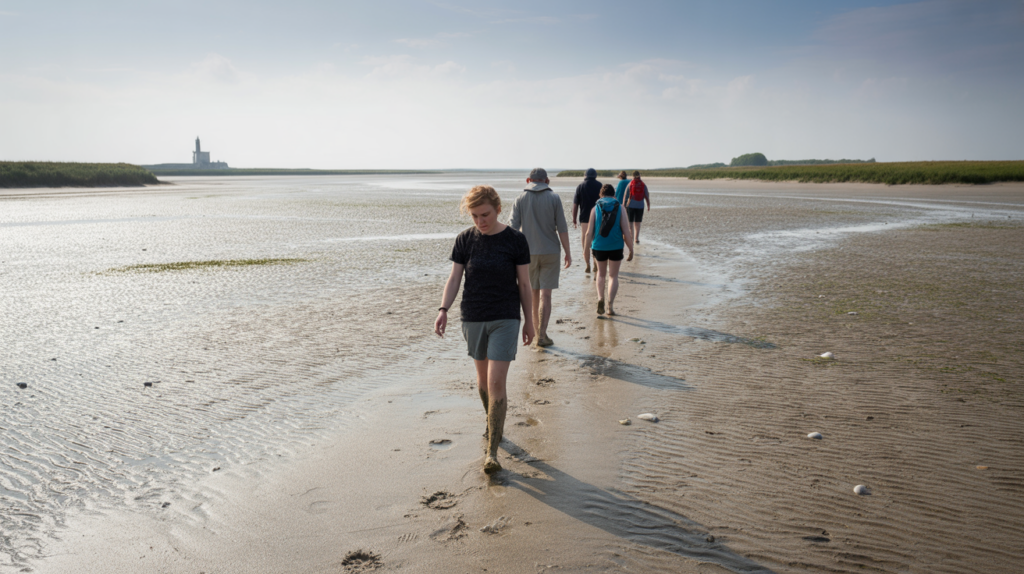 Groupe de randonneurs traversant la Baie de Somme à marée basse avec un guide, dans un paysage naturel et lumineux.