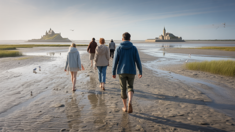 Groupe de randonneurs traversant à pied la Baie de Somme à marée basse, sur un sable humide avec les villages de Le Crotoy et Saint‑Valery en arrière‑plan.