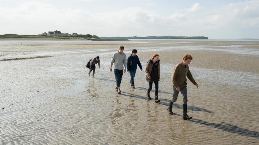 Groupe de marcheurs traversant la Baie de Somme à marée basse, progressant sur des bancs de sable humides avec les côtes de Saint-Valery-sur-Somme et Le Crotoy en arrière-plan.