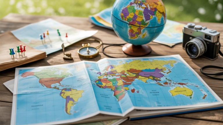 Scène réaliste montrant un atlas ouvert avec les capitales du monde, entouré d’objets de voyage authentiques sur une table en bois.