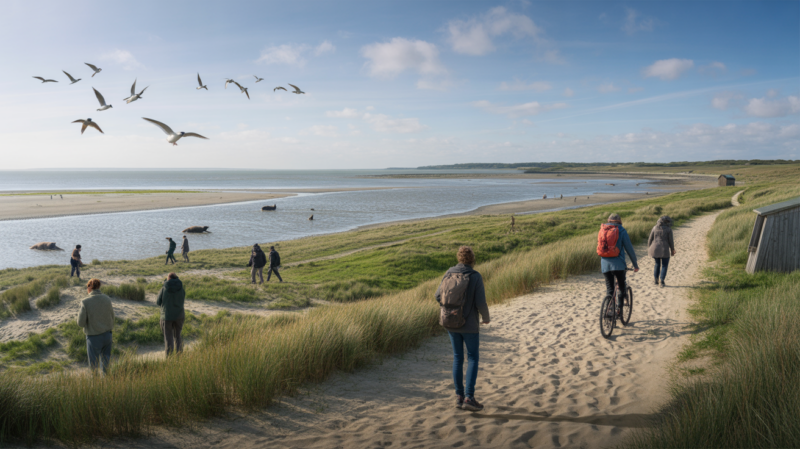 Paysage réaliste de la Baie de Somme avec oiseaux migrateurs, phoques, randonneurs et cycliste dans un décor naturel et authentique