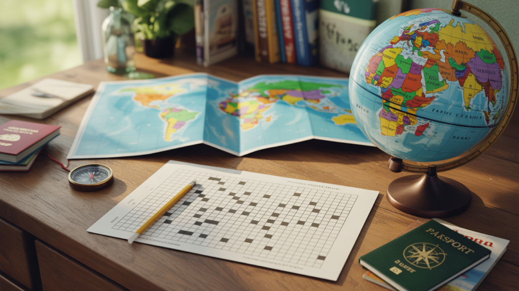 Scene réaliste d’un bureau en bois avec une carte du monde ouverte, un globe terrestre détaillé et une grille de mots croisés partiellement remplie, évoquant la recherche de capitales.