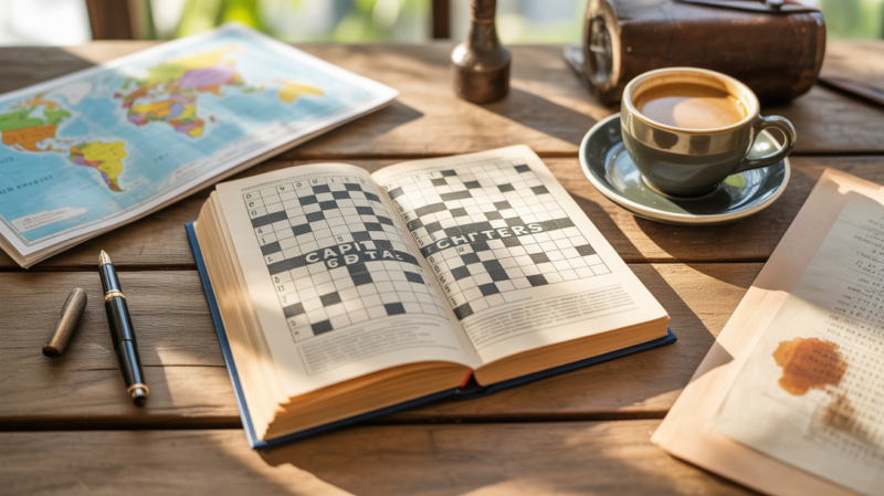 Scène réaliste d’un bureau en bois avec un livre de mots croisés ouvert, une carte du monde et une tasse de café, évoquant la recherche d’une capitale en six lettres.