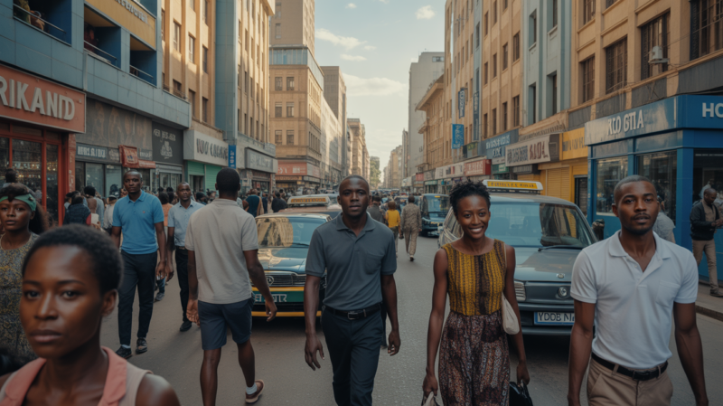 Scène réaliste au lever du soleil montrant une rue animée d’une capitale africaine avec bâtiments authentiques, passants, commerces et ambiance urbaine naturelle.