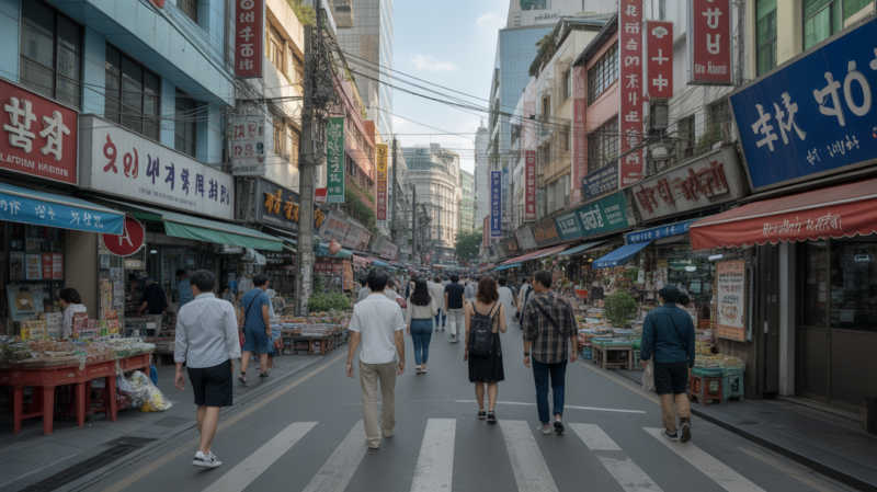 Scène urbaine réaliste évoquant plusieurs capitales asiatiques avec marchés, bâtiments authentiques et passants.