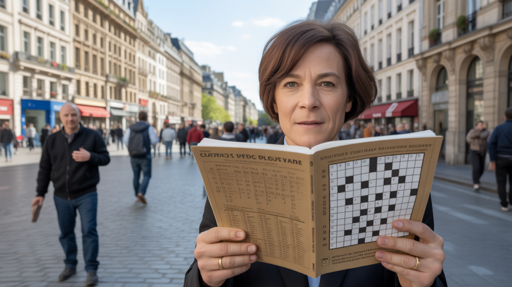 Scène réaliste d’une capitale européenne avec un passant tenant un livret de mots croisés dans une place animée.