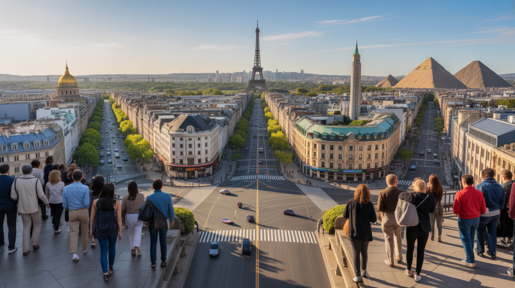 Montage réaliste et naturel montrant plusieurs capitales du monde avec leurs monuments authentiques et des scènes de vie quotidienne.
