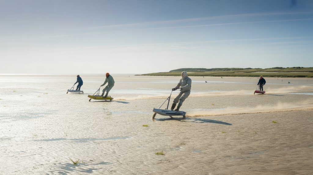 Scène réaliste de chars à voile glissant sur les vastes étendues sableuses de la Baie de Somme par temps clair, avec un paysage naturel authentique en arrière‑plan.