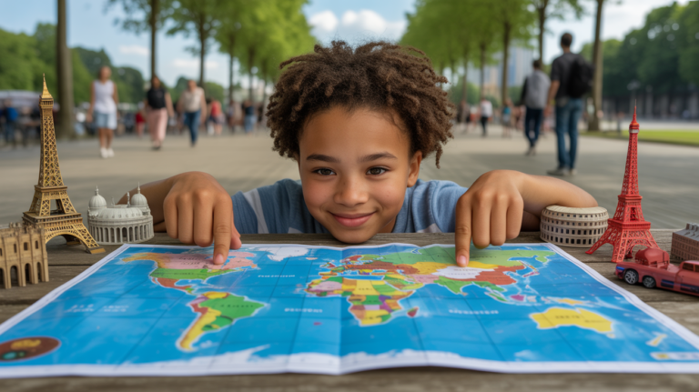 Jeune voyageur consultant une carte du monde entourée de miniatures de monuments célèbres dans un parc ensoleillé.