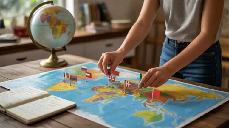 Scène réaliste montrant une carte du monde sur une table en bois avec des mains plaçant des drapeaux sur les capitales.