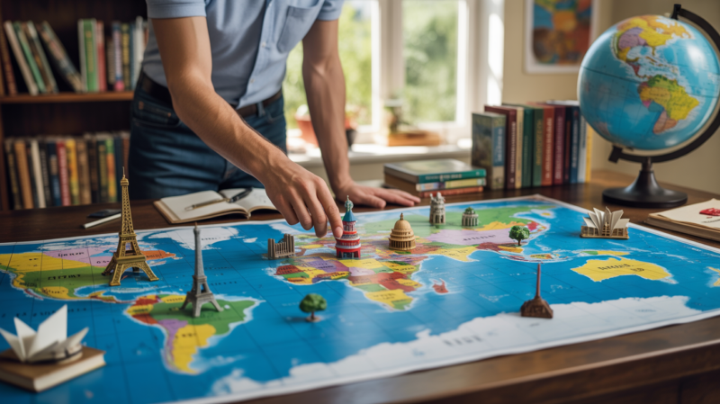 Scène réaliste montrant une carte du monde sur un bureau avec des figurines de monuments posées sur les capitales et des mains en train de les placer.
