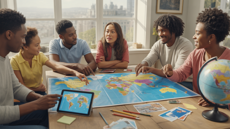Scène réaliste de personnes jouant à un jeu sur les capitales du monde autour d’une table avec une carte et un globe dans un salon lumineux.