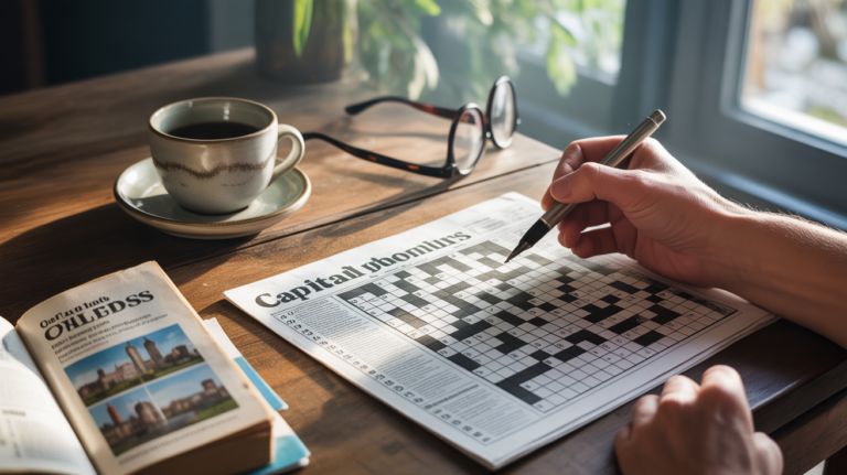 Scène réaliste d'une personne résolvant une grille de mots croisés sur une table en bois, avec la définition capitale en sept lettres visible et des objets du quotidien autour.