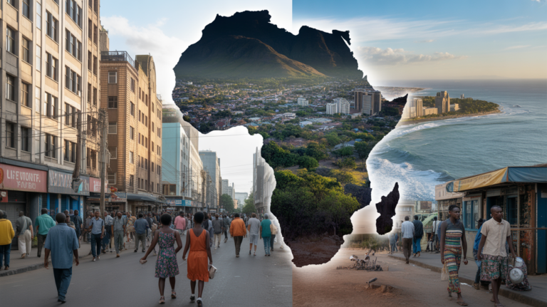 Scène réaliste montrant un mélange naturel de plusieurs capitales africaines avec leurs bâtiments, paysages et habitants authentiques.