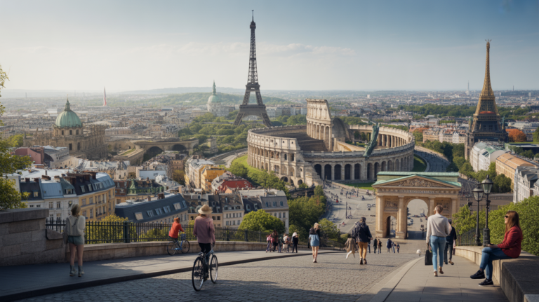 Paysage réaliste mêlant plusieurs monuments emblématiques des capitales européennes dans une scène naturelle et vivante.