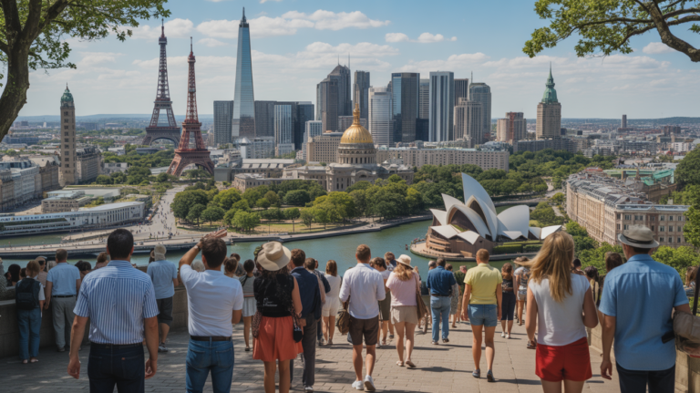 Panorama réaliste combinant des monuments emblématiques de capitales du monde avec des scènes urbaines vivantes et naturelles.