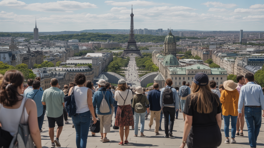 Panorama réaliste fusionnant plusieurs capitales du monde avec leurs monuments authentiques et des passants dans une scène urbaine vivante.