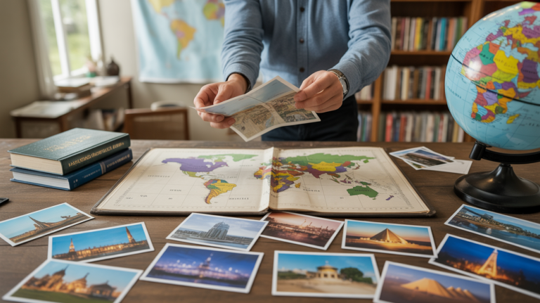 Scène réaliste montrant un bureau d’exploration du monde avec atlas, globe et photos authentiques de capitales pour évoquer un quiz expert.