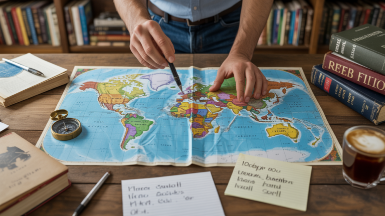 Scène réaliste d’un bureau avec une carte du monde, des objets de voyage et des mains en train de résoudre un quiz géographique.