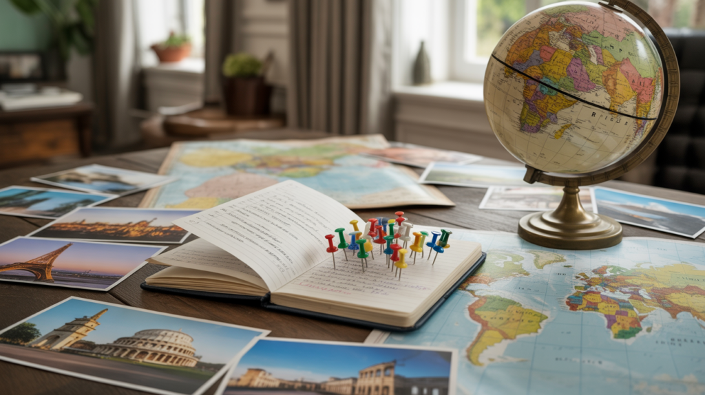 Une scène réaliste montrant une table en bois couverte de cartes du monde, d’un globe ancien et de photos de capitales pour évoquer un quiz géographique.