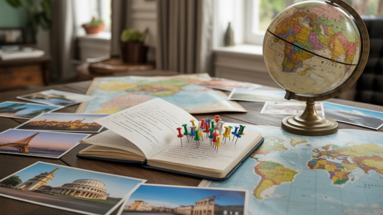 Une scène réaliste montrant une table en bois couverte de cartes du monde, d’un globe ancien et de photos de capitales pour évoquer un quiz géographique.
