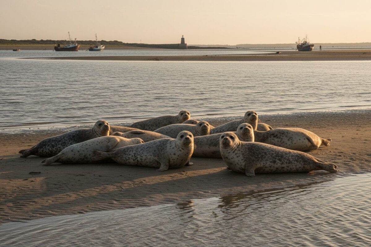 Des phoques veaux-marins couchés sur un banc de sable de la baie de Somme, lumière du soir