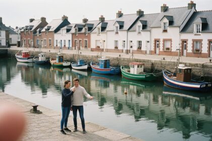 Le port du Crotoy à marée haute, bateaux de pêche colorés et maisons du quai