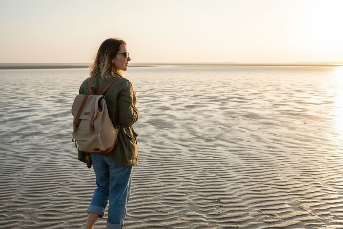 Mélissa marche sur le sable ridé de la baie de Somme à marée basse, sac à l’épaule