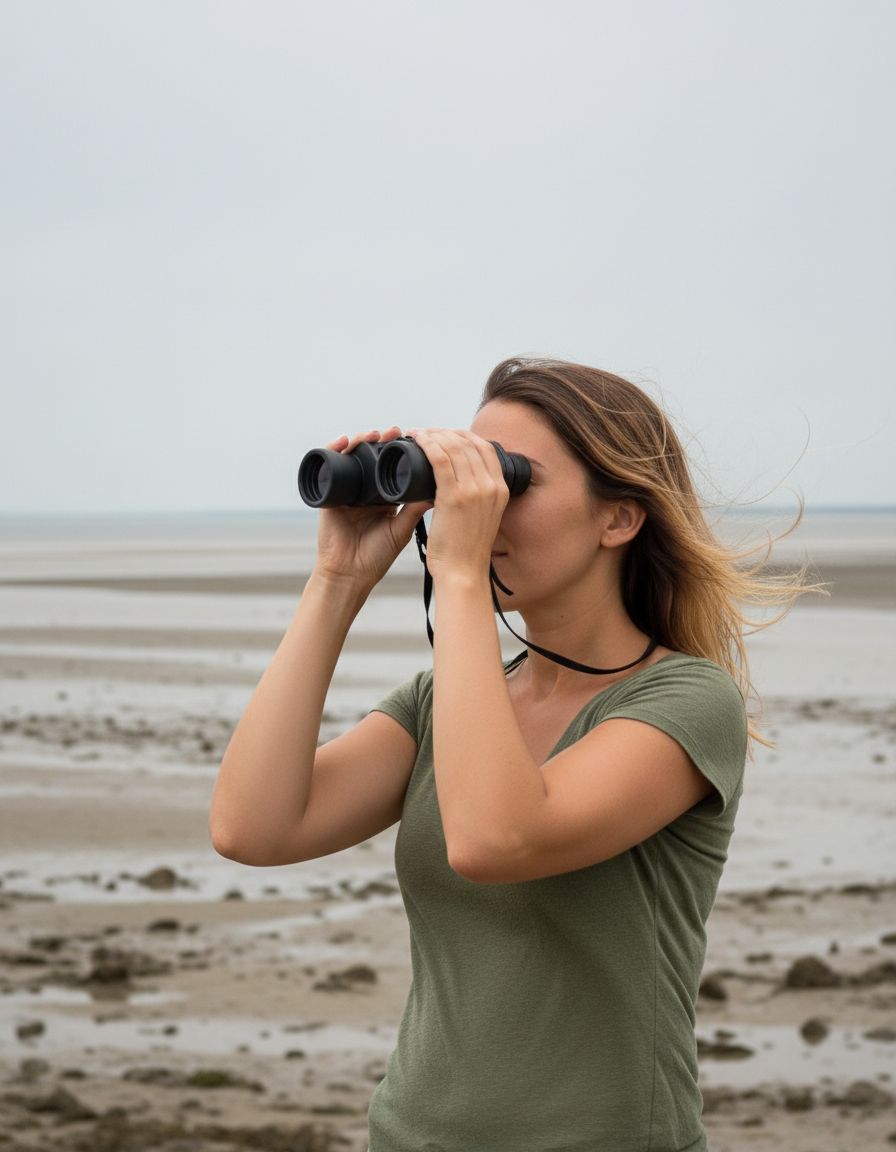 Mélissa observe la baie aux jumelles, à marée basse