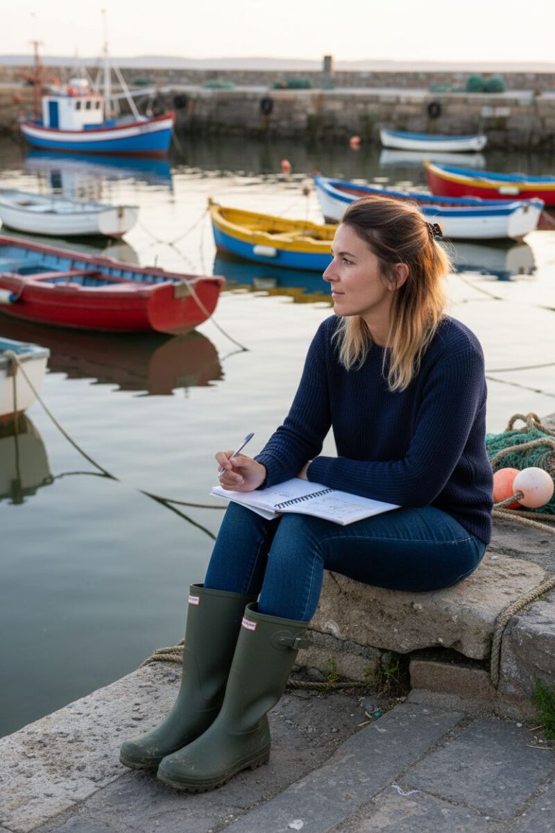 Mélissa assise sur le quai du port du Crotoy, carnet ouvert, bateaux à marée haute