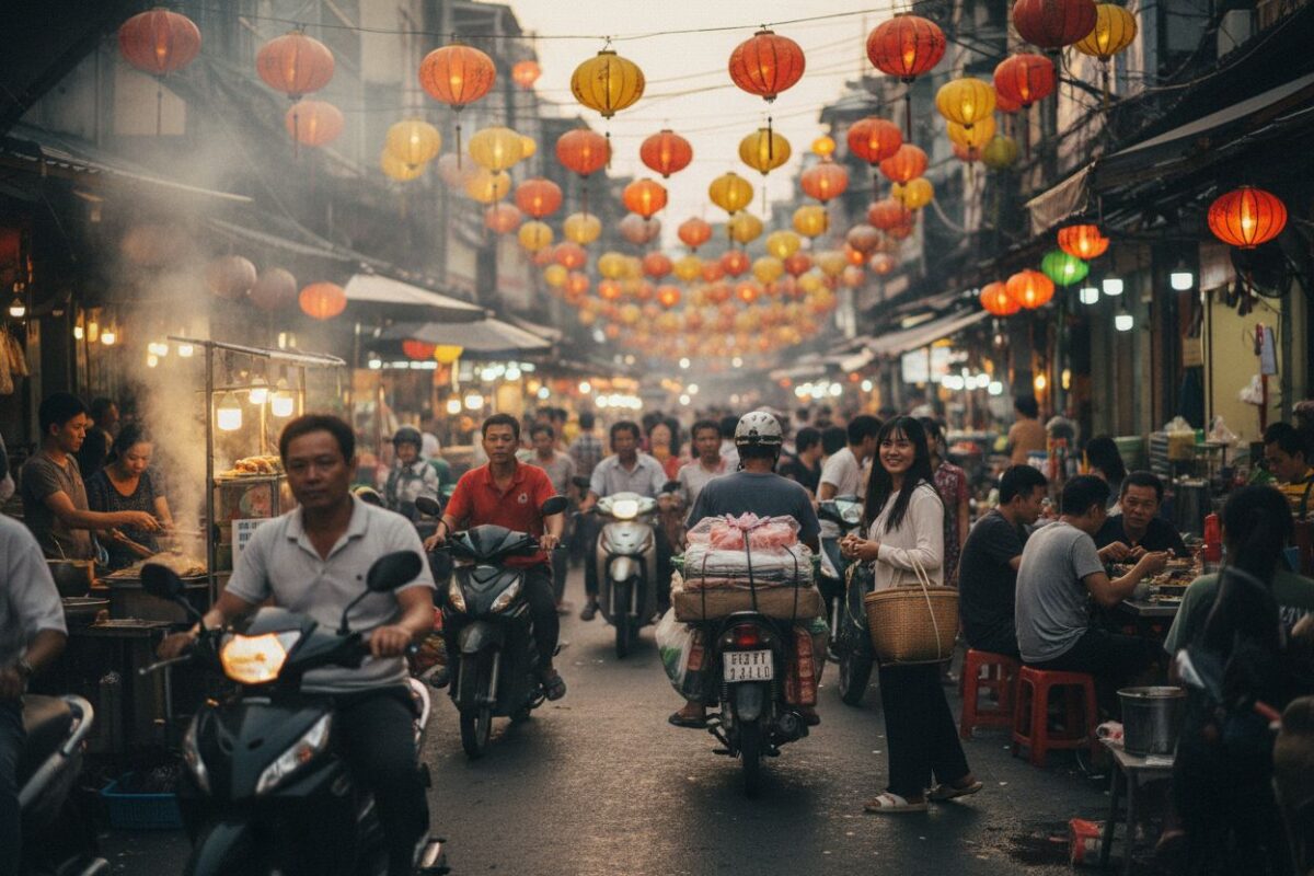 Un marché de rue au crépuscule en Asie du Sud-Est, lanternes et scooters
