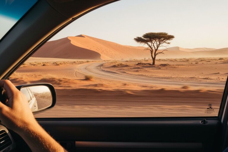 Une piste de sable rouge et un acacia, vus depuis une voiture