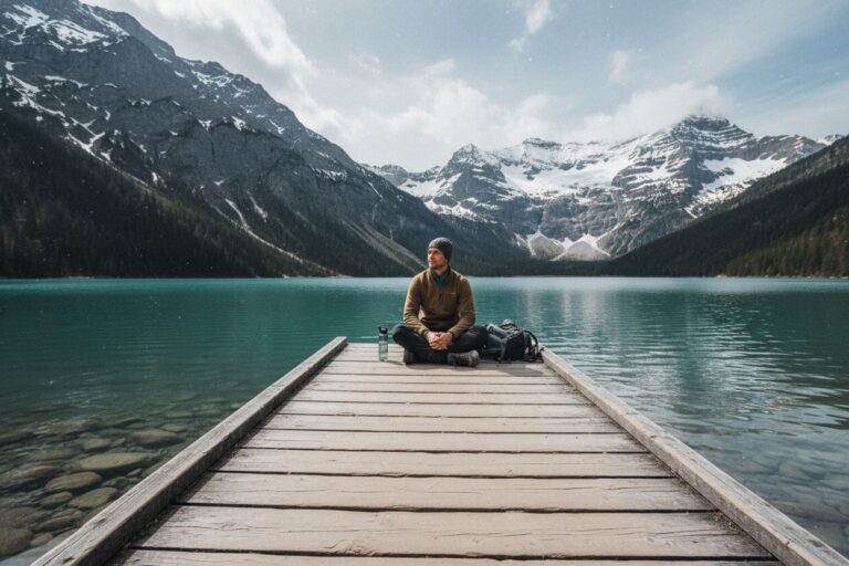 Un lac de montagne turquoise et un ponton de bois, sommets enneigés